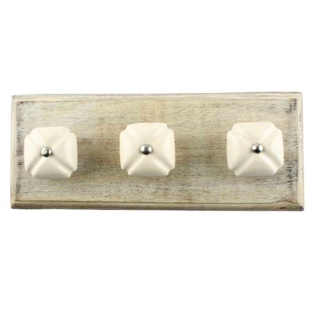 Solid Cream Square Ceramic Wooden Hook